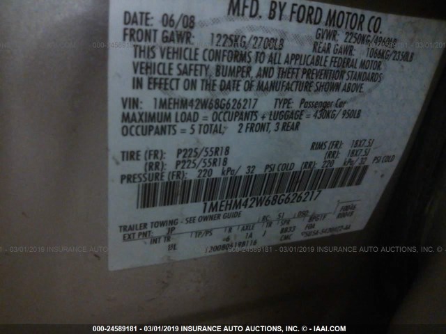 1MEHM42W68G626217 - 2008 MERCURY SABLE PREMIER TAN photo 9