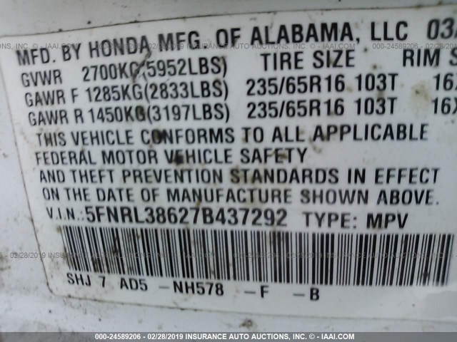 5FNRL38627B437292 - 2007 HONDA ODYSSEY EXL WHITE photo 9