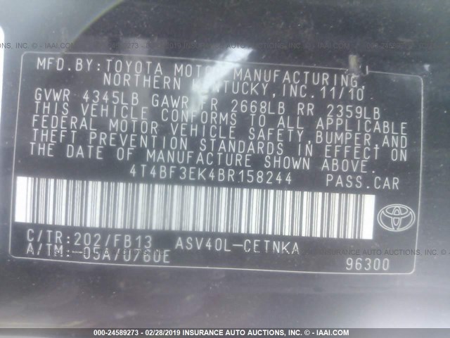 4T4BF3EK4BR158244 - 2011 TOYOTA CAMRY SE/LE/XLE BLACK photo 9