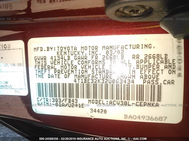 4T1BE32K32U063434 - 2002 TOYOTA CAMRY LE/XLE/SE RED photo 9