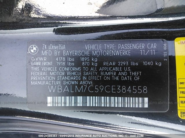 WBALM7C59CE384558 - 2012 BMW Z4 SDRIVE35I BLACK photo 9