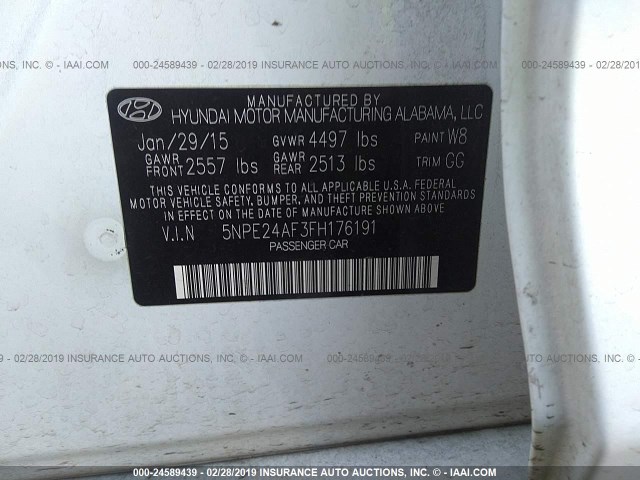 5NPE24AF3FH176191 - 2015 HYUNDAI SONATA SE Ağ foto 9