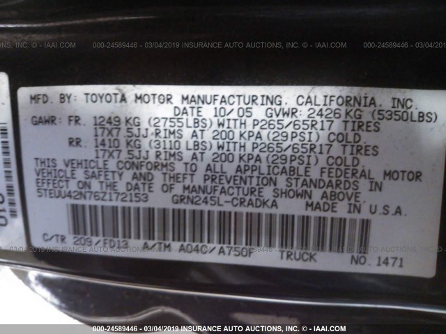 5TEUU42N76Z172153 - 2006 TOYOTA TACOMA ACCESS CAB შავი ფოტო 9