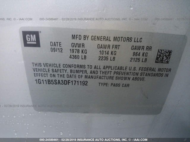 1G11B5SA3DF171192 - 2013 CHEVROLET MALIBU LS SILVER photo 9
