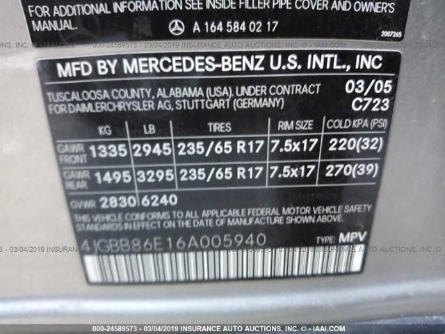 4JGBB86E16A005940 - 2006 MERCEDES-BENZ ML 350 SILVER photo 9