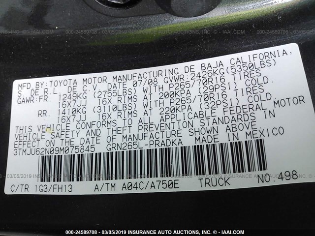 3TMJU62N09M075845 - 2009 TOYOTA TACOMA DOUBLE CAB PRERUNNER GRAY photo 9