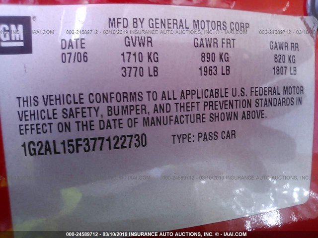 1G2AL15F377122730 - 2007 PONTIAC G5 RED photo 9