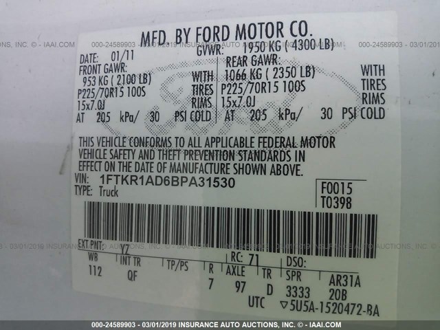 1FTKR1AD6BPA31530 - 2011 FORD RANGER WHITE photo 9