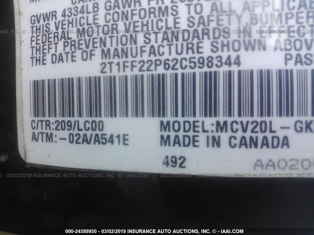 2T1FF22P62C598344 - 2002 TOYOTA CAMRY SOLARA SE/SLE შავი ფოტო 9