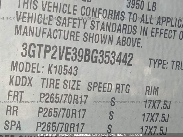 3GTP2VE39BG353442 - 2011 GMC SIERRA K1500 SLE BLACK photo 9