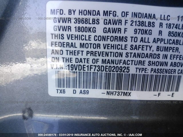 19VDE1F73DE020925 - 2013 ACURA ILX 20 TECH GRAY photo 9