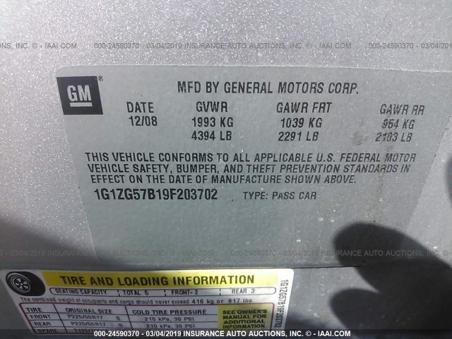 1G1ZG57B19F203702 - 2009 CHEVROLET MALIBU LS GRAY photo 9