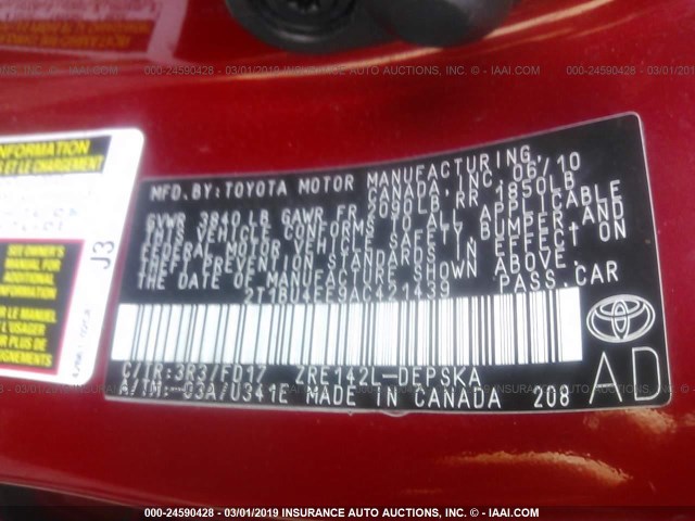 2T1BU4EE9AC421439 - 2010 TOYOTA COROLLA S/LE/XLE RED photo 9