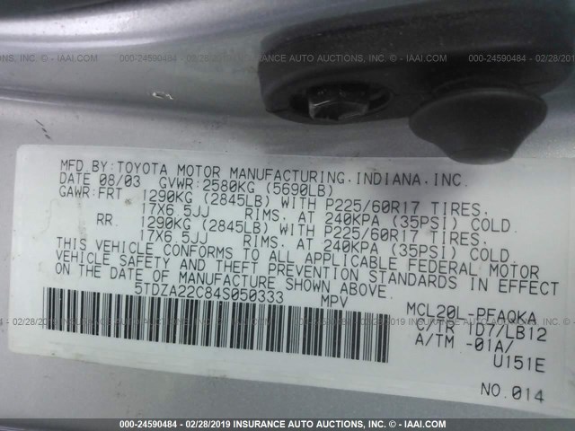 5TDZA22C84S050333 - 2004 TOYOTA SIENNA XLE/XLE LIMITED SILVER photo 9