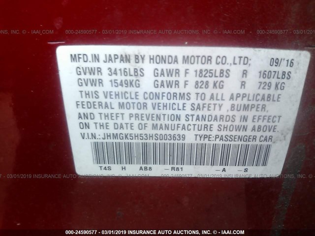 JHMGK5H53HS003639 - 2017 HONDA FIT LX RED photo 9