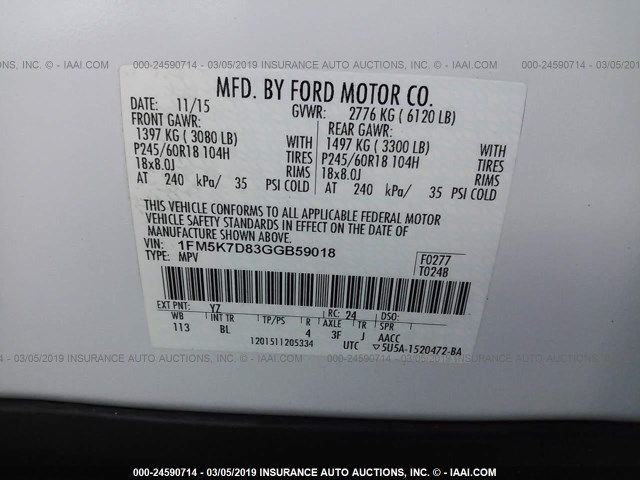 1FM5K7D83GGB59018 - 2016 FORD EXPLORER XLT WHITE photo 9