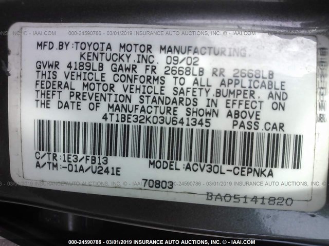 4T1BE32K03U641345 - 2003 TOYOTA CAMRY LE/XLE/SE GRAY photo 9