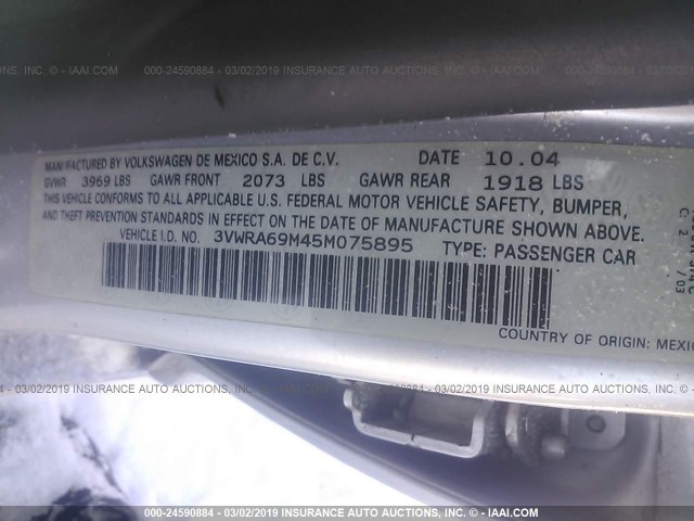 3VWRA69M45M075895 - 2005 VOLKSWAGEN JETTA GL SILVER photo 9