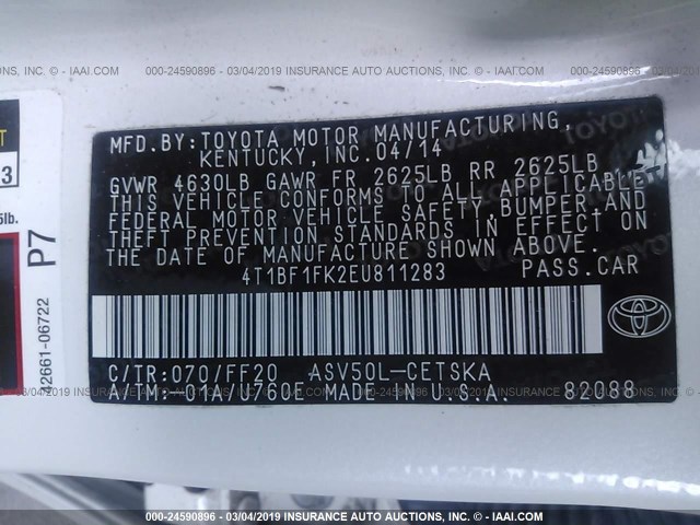 4T1BF1FK2EU811283 - 2014 TOYOTA CAMRY L/SE/LE/XLE 白色 照片 9