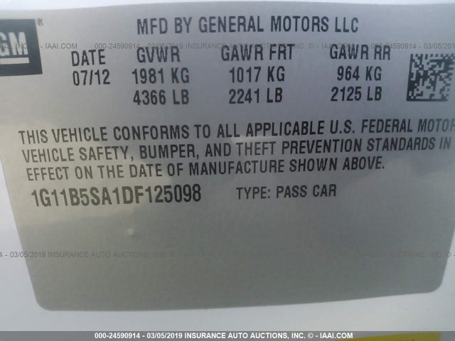 1G11B5SA1DF125098 - 2013 CHEVROLET MALIBU LS 白色 照片 9