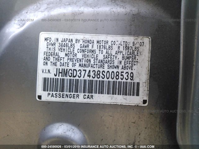 JHMGD37438S008539 - 2008 HONDA FIT SILVER photo 9