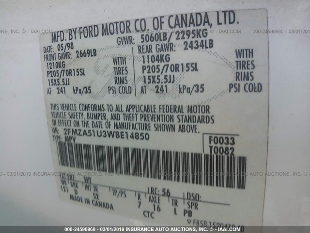 2FMZA51U3WBE14850 - 1998 FORD WINDSTAR WAGON WHITE photo 9