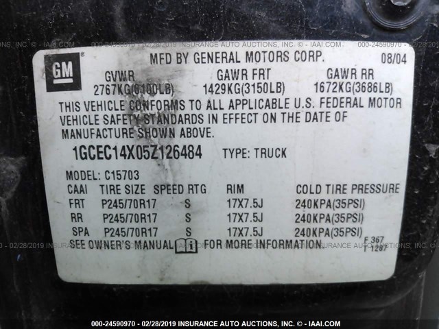 1GCEC14X05Z126484 - 2005 CHEVROLET SILVERADO C1500 BLUE photo 9