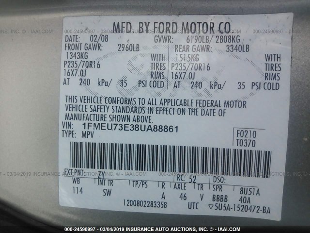 1FMEU73E38UA88861 - 2008 FORD EXPLORER XLT SILVER photo 9