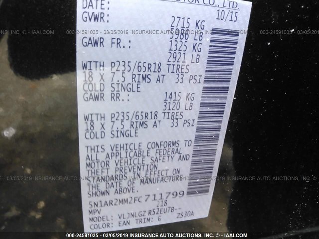 5N1AR2MM2FC711799 - 2015 NISSAN PATHFINDER S/SV/SL/PLATINUM BLACK photo 9