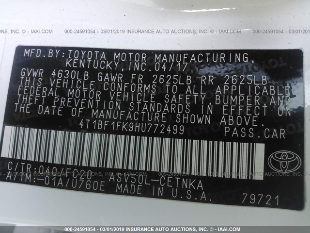 4T1BF1FK9HU772499 - 2017 TOYOTA CAMRY LE/XLE/SE/XSE WHITE photo 9