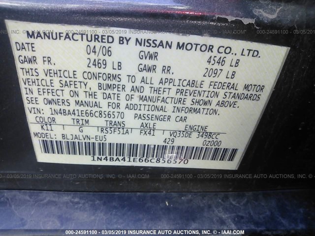 1N4BA41E66C856570 - 2006 NISSAN MAXIMA SE/SL GRAY photo 9