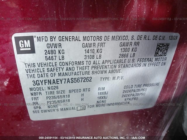 3GYFNAEY7AS567262 - 2010 CADILLAC SRX LUXURY COLLECTION RED photo 9