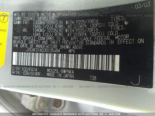 JTEHF21A230135484 - 2003 TOYOTA HIGHLANDER LIMITED SILVER photo 9