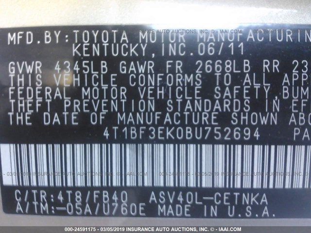 4T1BF3EK0BU752694 - 2011 TOYOTA CAMRY SE/LE/XLE GOLD photo 9