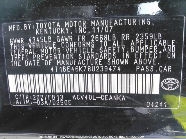 4T1BE46K78U239474 - 2008 TOYOTA CAMRY CE/LE/XLE/SE BLACK photo 9