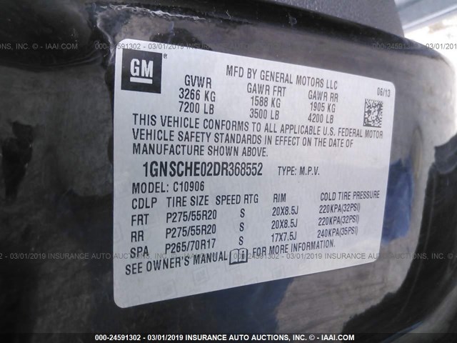 1GNSCHE02DR368552 - 2013 CHEVROLET SUBURBAN C1500  LS BLACK photo 9