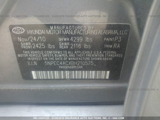 5NPEC4ACXBH210575 - 2011 HYUNDAI SONATA SE/LIMITED GRAY photo 9