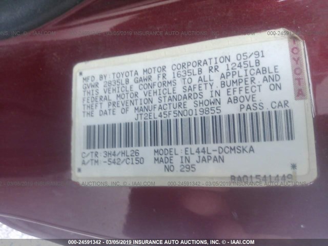 JT2EL45F5N0019855 - 1992 TOYOTA PASEO RED photo 9