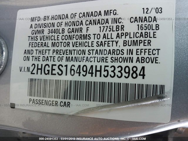 2HGES16494H533984 - 2004 HONDA CIVIC DX SILVER photo 9