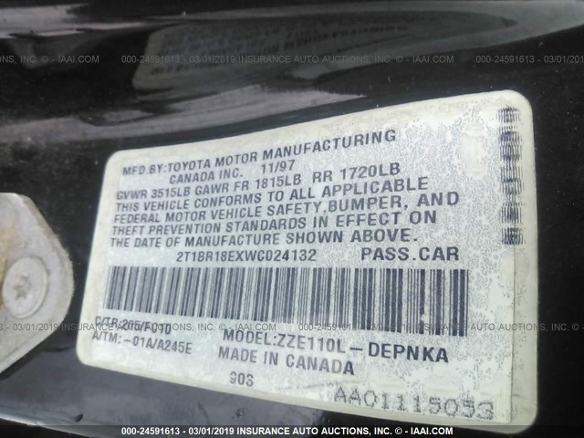 2T1BR18EXWC024132 - 1998 TOYOTA COROLLA VE/CE/LE 黑色 照片 9