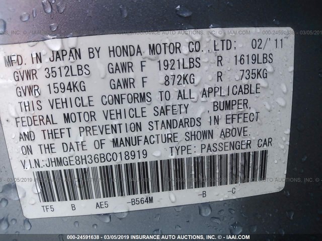 JHMGE8H36BC018919 - 2011 HONDA FIT BLUE photo 9