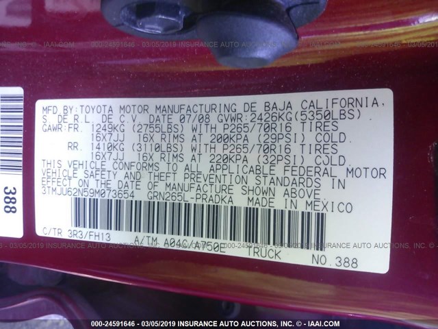 3TMJU62N59M073654 - 2009 TOYOTA TACOMA DOUBLE CAB PRERUNNER RED photo 9