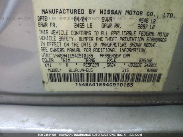 1N4BA41E94C910165 - 2004 NISSAN MAXIMA SE/SL SILVER photo 9