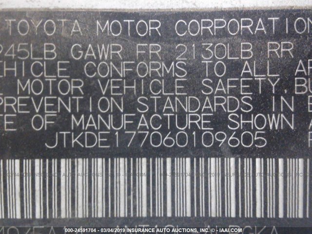 JTKDE177060109605 - 2006 TOYOTA SCION TC თეთრი ფოტო 9