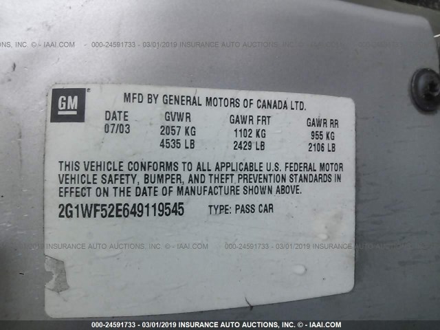 2G1WF52E649119545 - 2004 CHEVROLET IMPALA SILVER photo 9