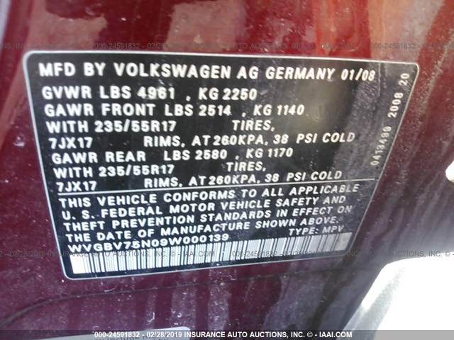 WVGBV75N09W000139 - 2009 VOLKSWAGEN TIGUAN SE/SEL RED photo 9