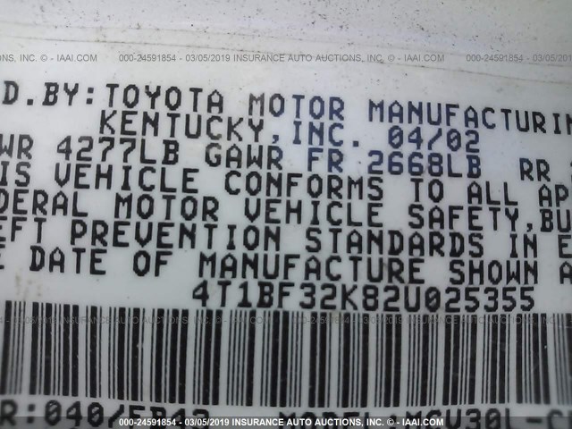 4T1BF32K82U025355 - 2002 TOYOTA CAMRY LE/XLE/SE WHITE photo 9