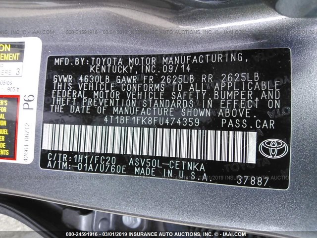 4T1BF1FK8FU474359 - 2015 TOYOTA CAMRY LE/XLE/SE/XSE 灰色 照片 9