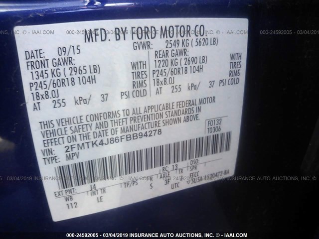 2FMTK4J86FBB94278 - 2015 FORD EDGE SEL BLUE photo 9