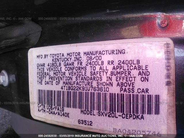 4T1BG22K91U763610 - 2001 TOYOTA CAMRY CE/LE/XLE 灰色 照片 9